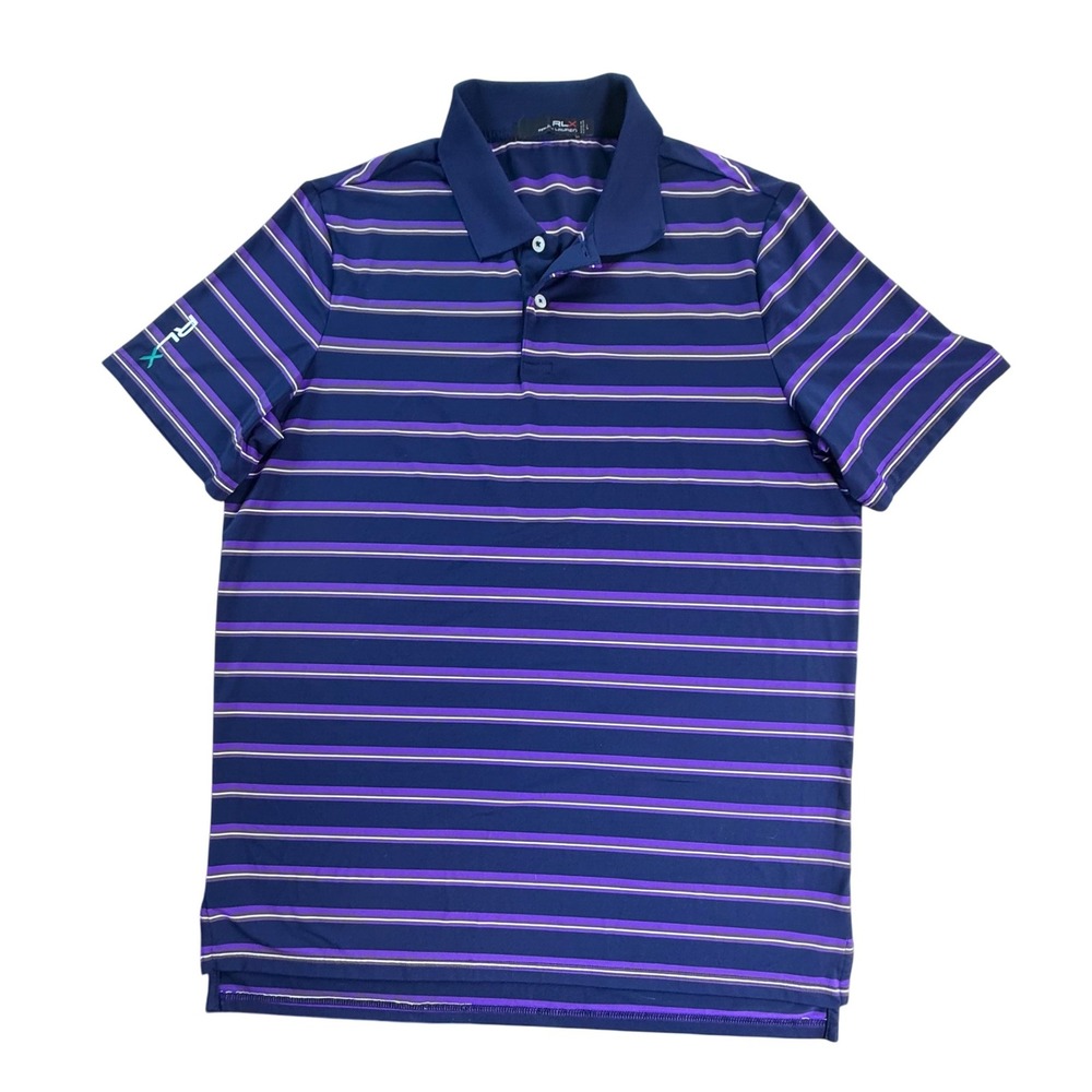 RLX Ralph Lauren Golf Polo Shirt Striped Purple Navy White Mens Size Large